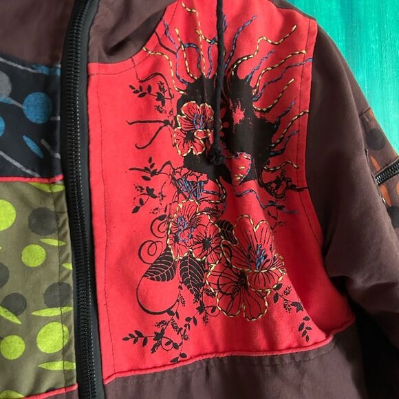 Nepalese Boho Hippy Festival Patchwork Hooded Fleece Lined Jacket 42" L - Picture 6 of 16